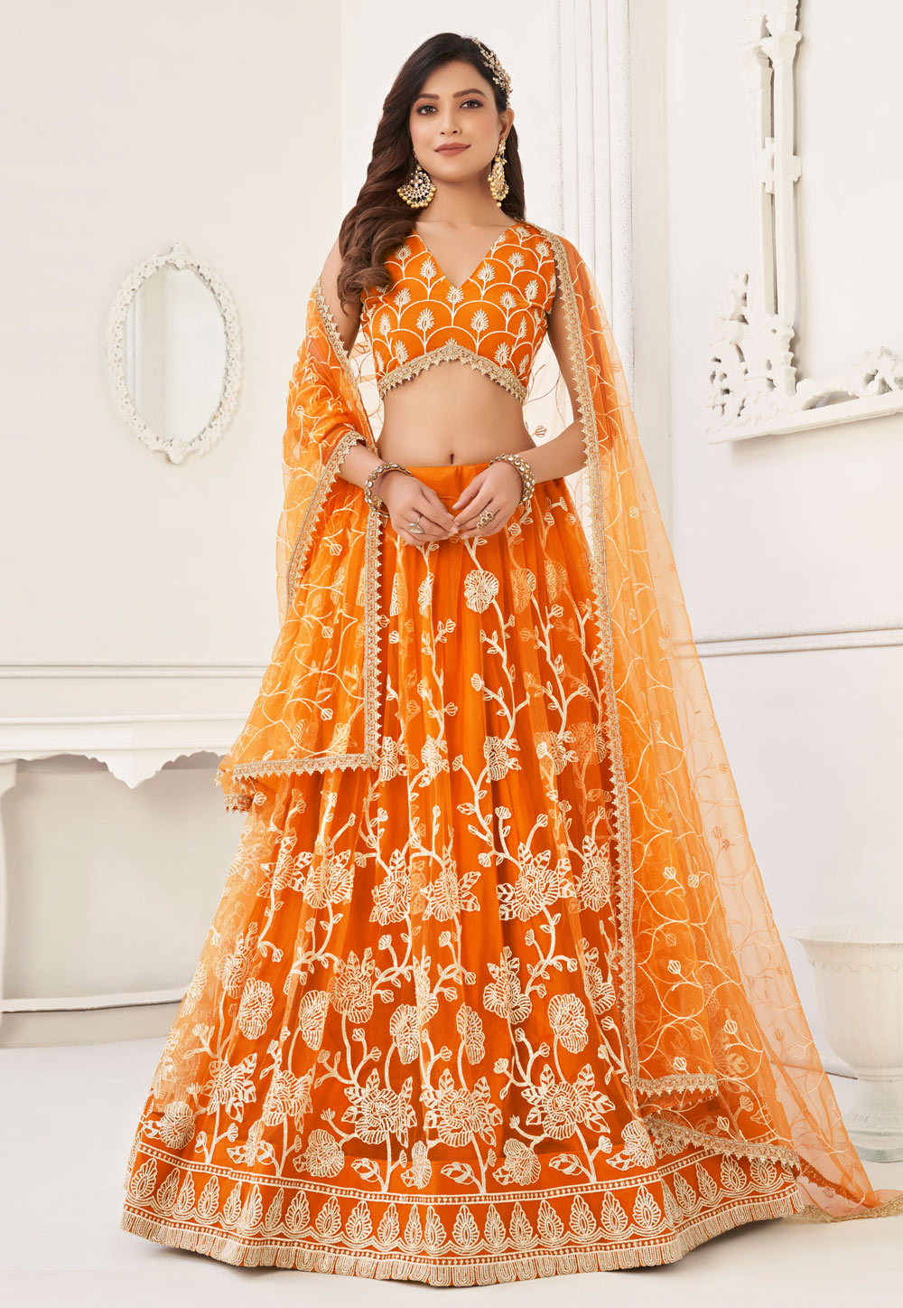 Orange Net Lehenga Choli 277581