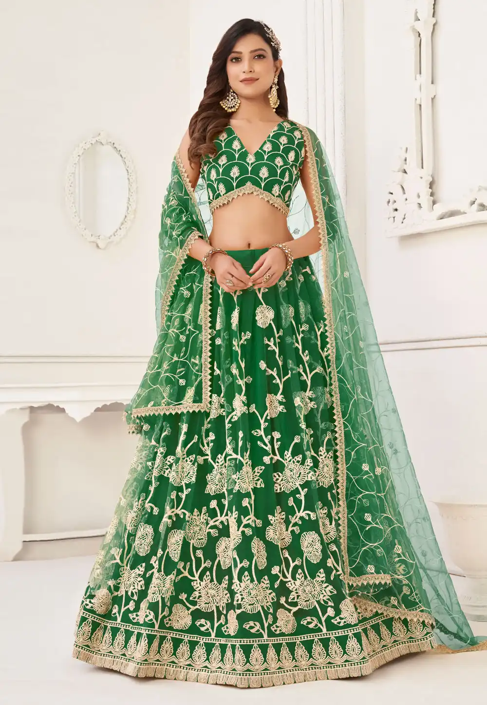 Green Net Circular Lehenga Choli 277582