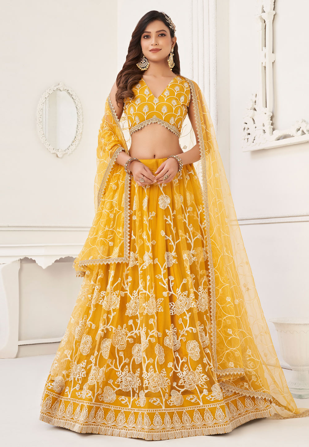 Yellow Net Circular Lehenga Choli 268695