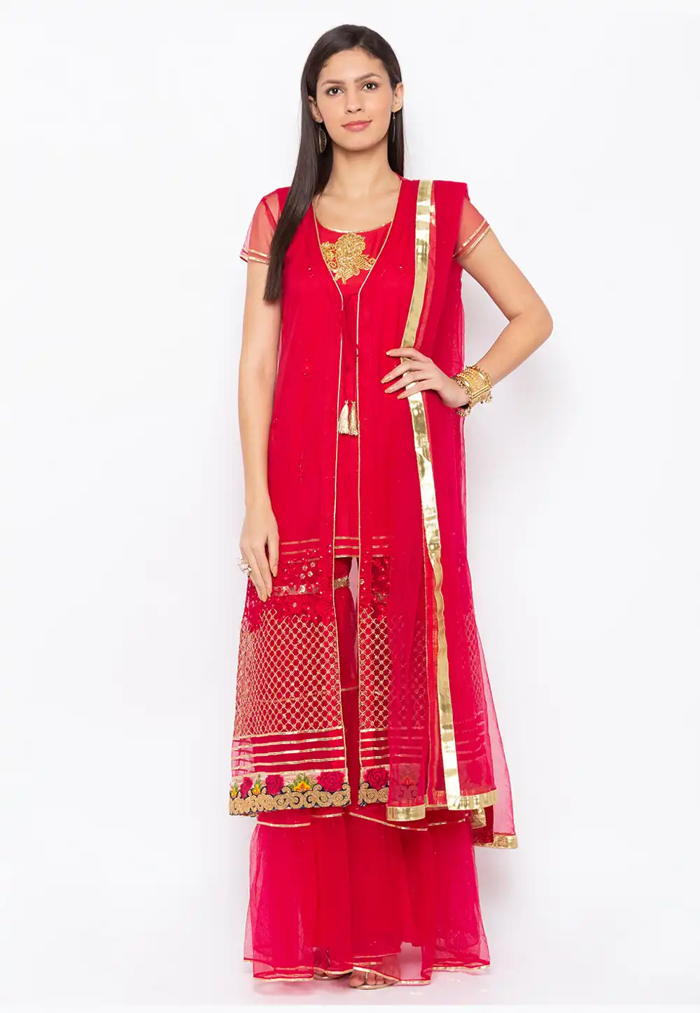 Magenta Net Readymade Sharara Suit 223505