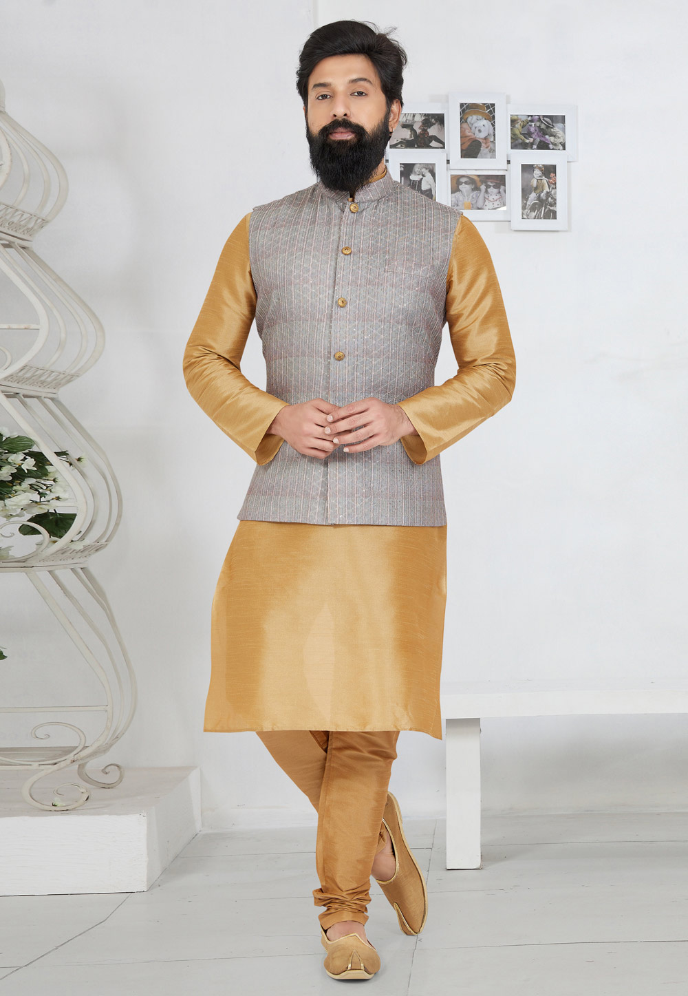 Beige Banarasi Kurta Pajama With Jacket 269025