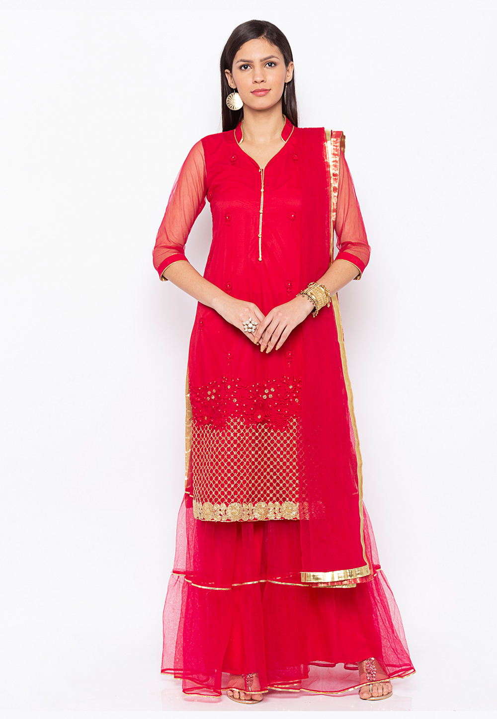 Magenta Net Readymade Sharara Suit 223507