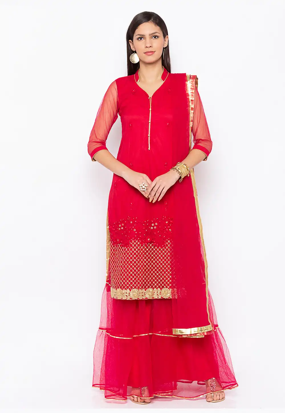 Magenta Net Readymade Sharara Suit 223507