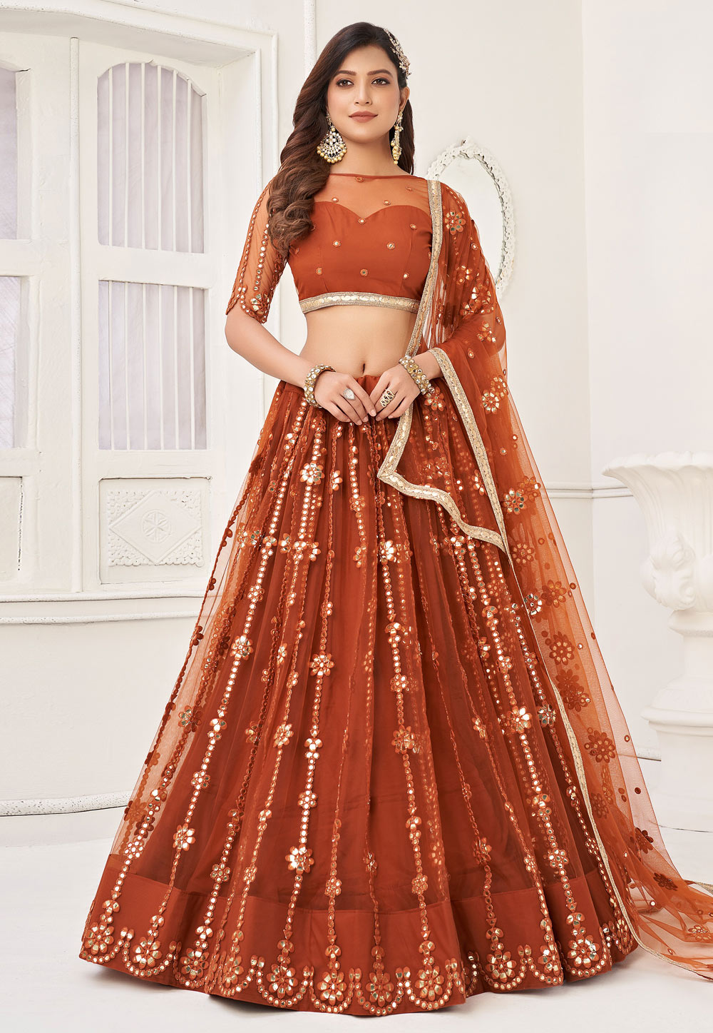 Rust Net Circular Lehenga Choli 268698