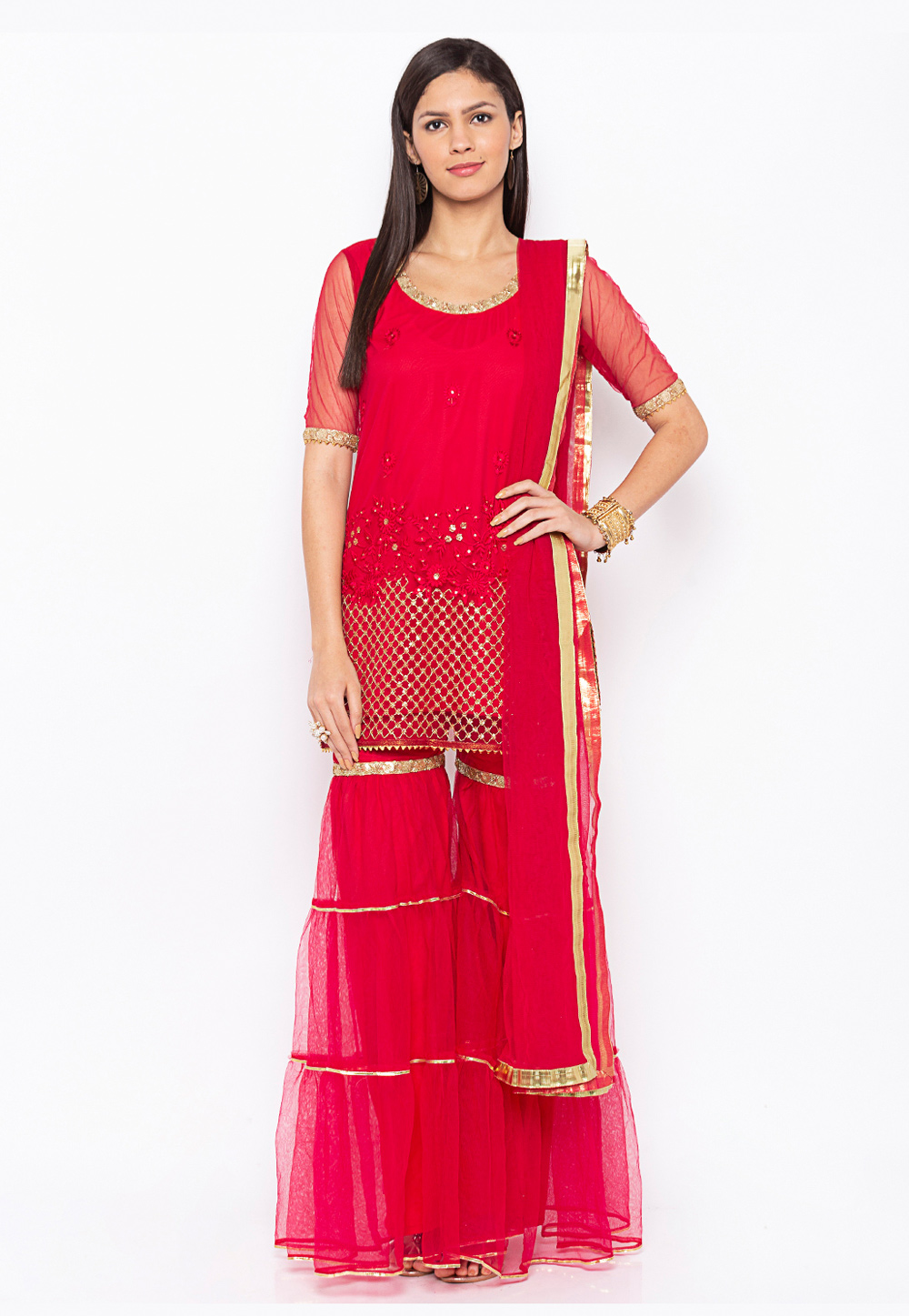 Magenta Net Readymade Sharara Suit 223508