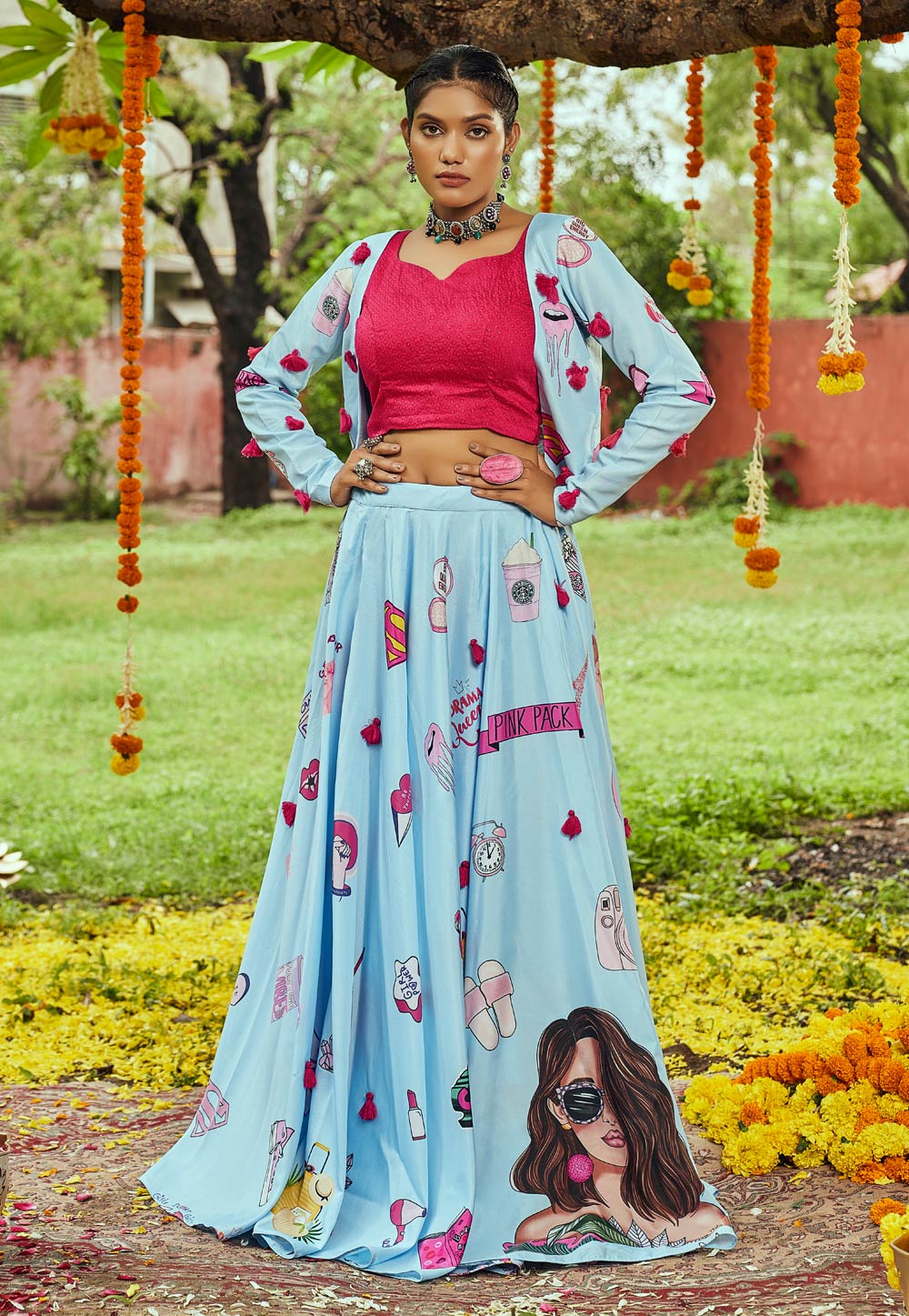 Sky Blue Cotton Indo Western Lehenga Choli 247875