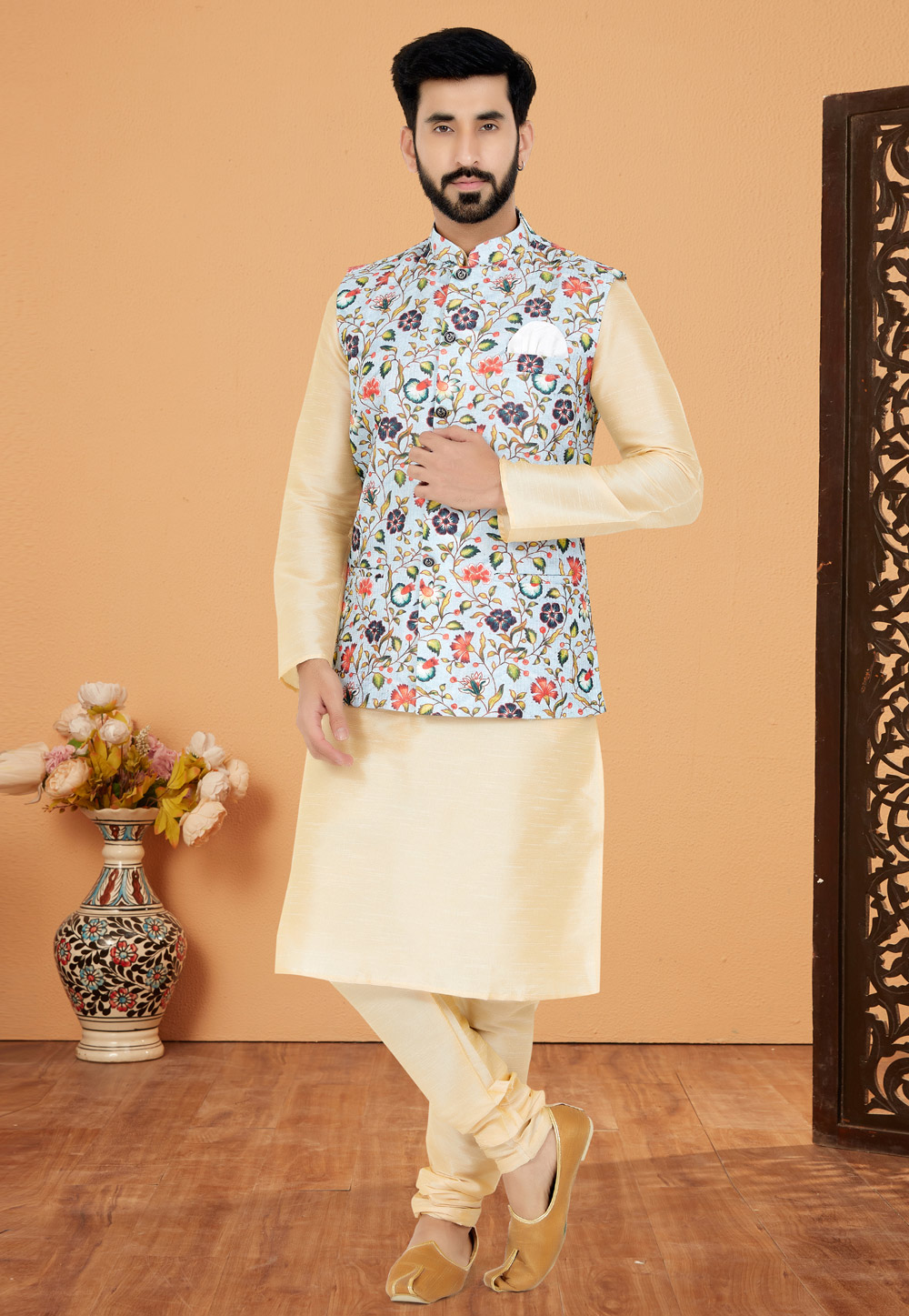 Cream Banarasi Kurta Pajama With Jacket 269029