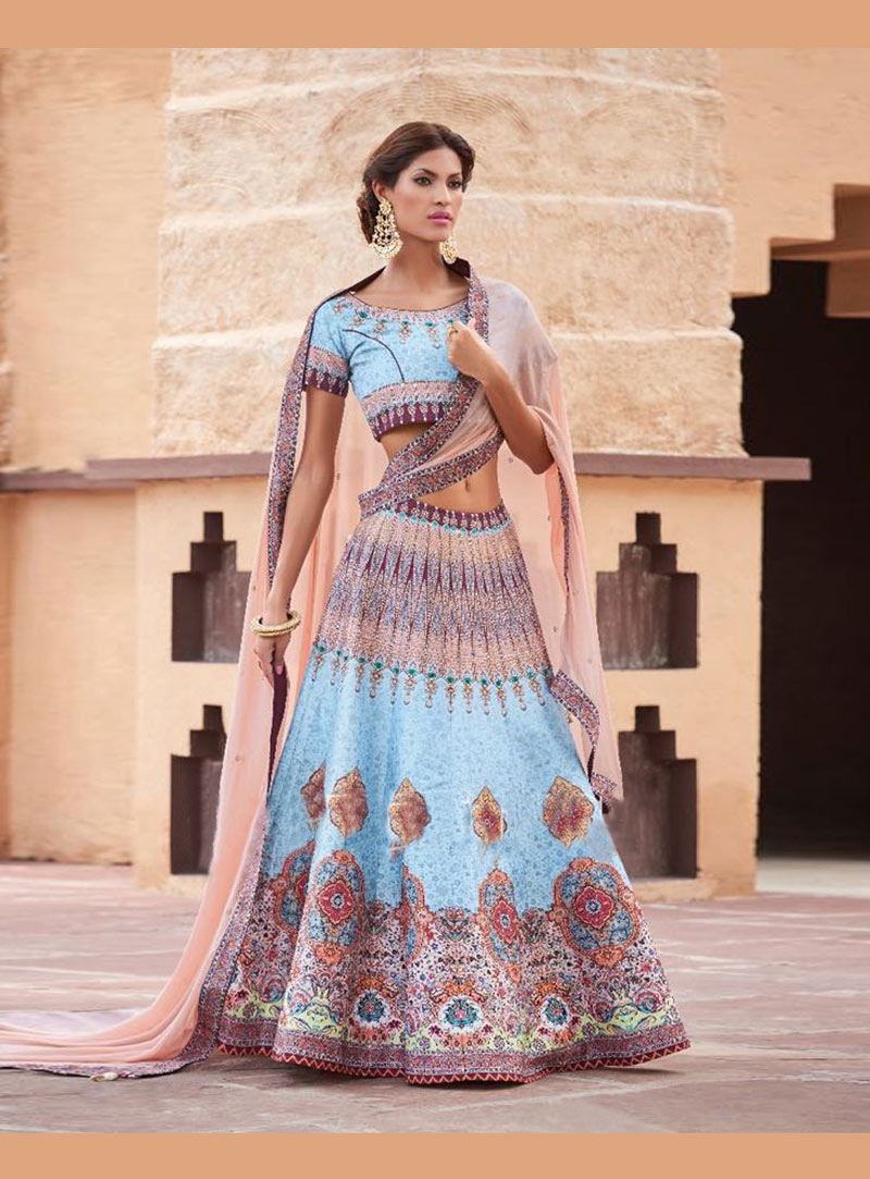 Sky Blue Silk Printed Lehenga Choli 77530