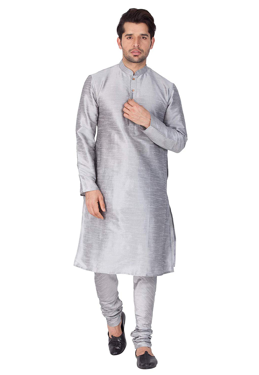 Grey Dupion Silk Readymade Kurta Pajama 182291