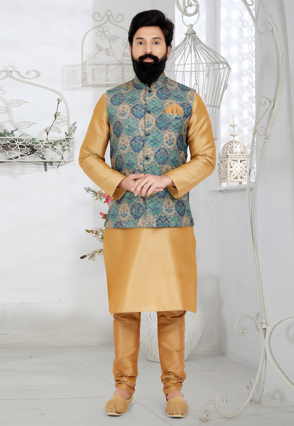 Beige Banarasi Kurta Pajama With Jacket 269032