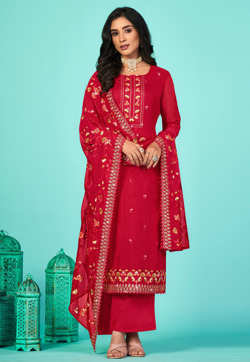 Red Organza Palazzo Suit 269444