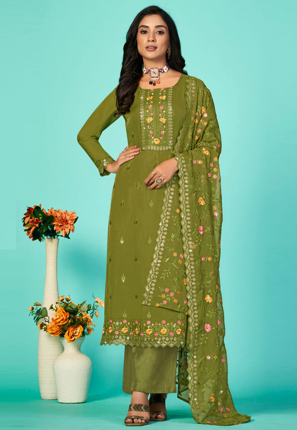 Mehndi Organza Pakistani Suit 269447