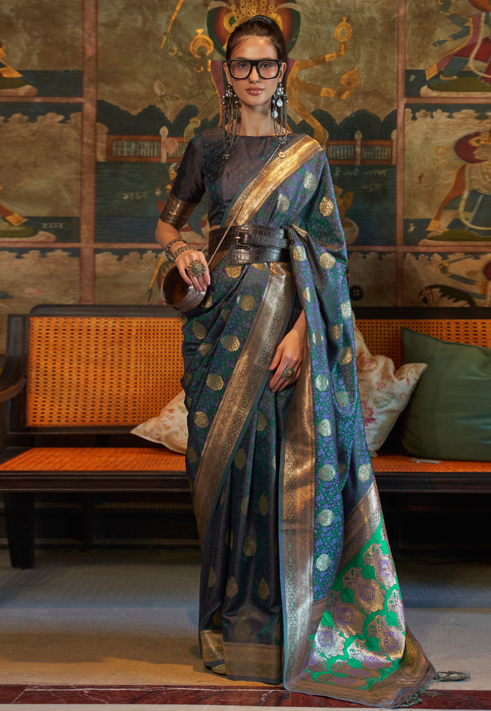 Navy Blue Silk Saree With Blouse 269389