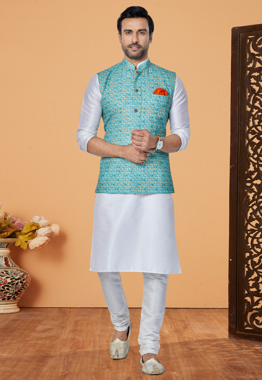White Banarasi Kurta Pajama With Jacket 269035