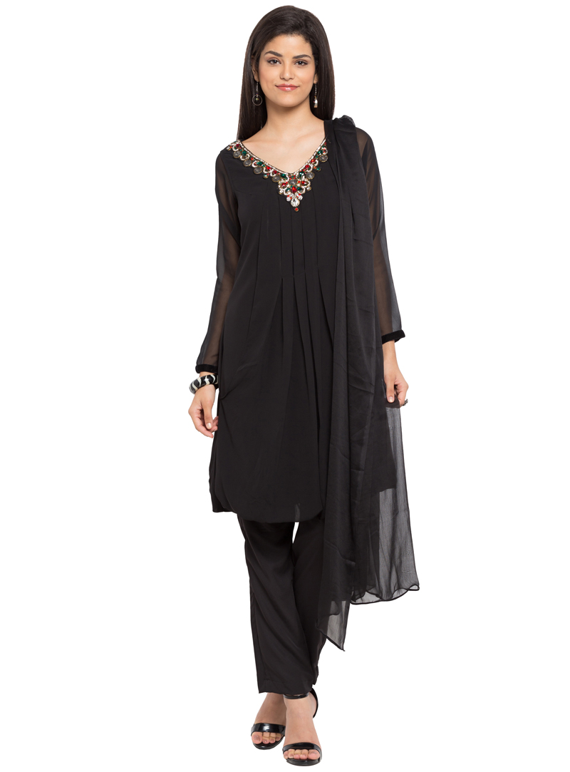 Black Faux Georgette Readymade Pant Style Suit 97056