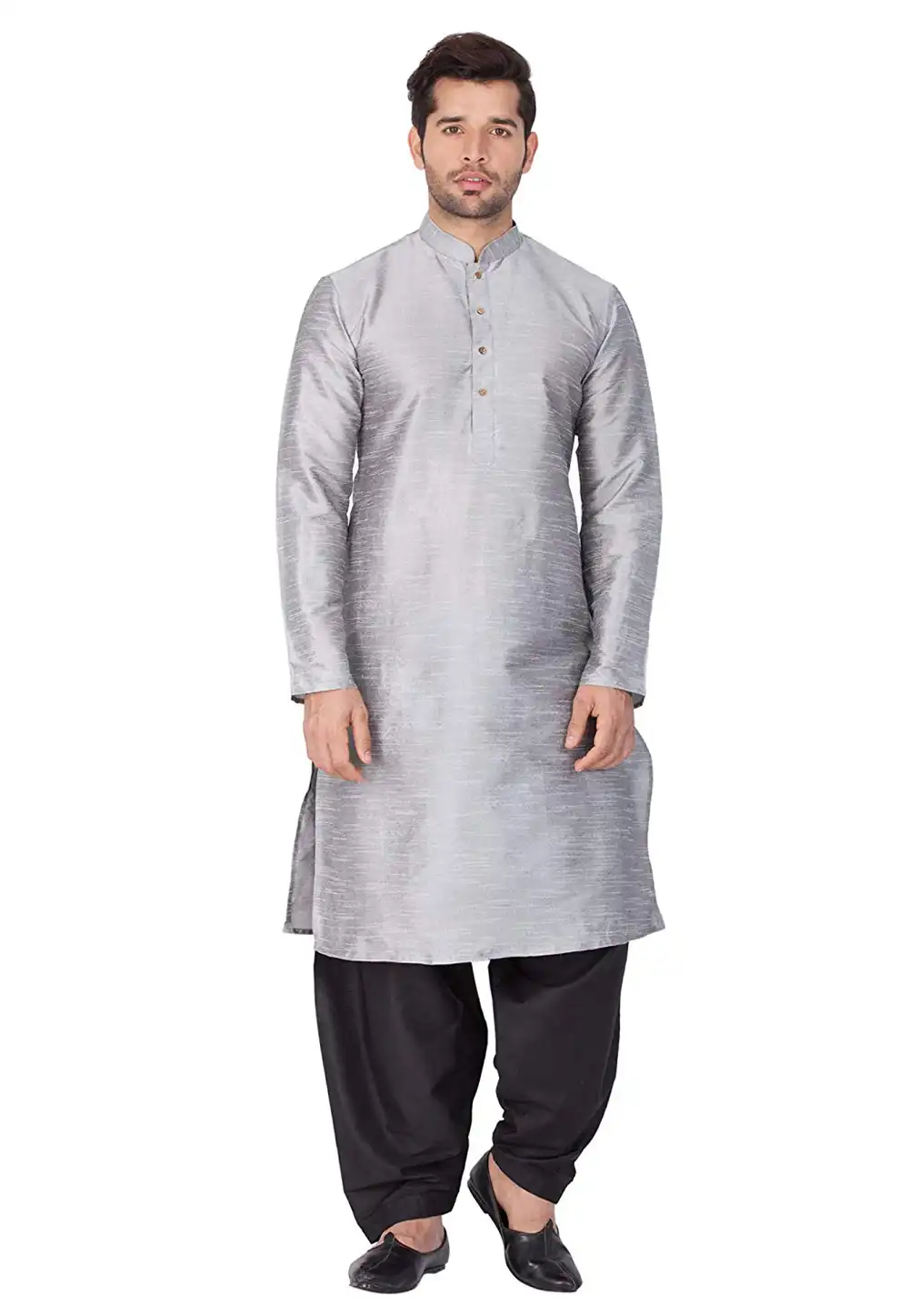 Grey Dupion Silk Readymade Kurta Pajama 182292