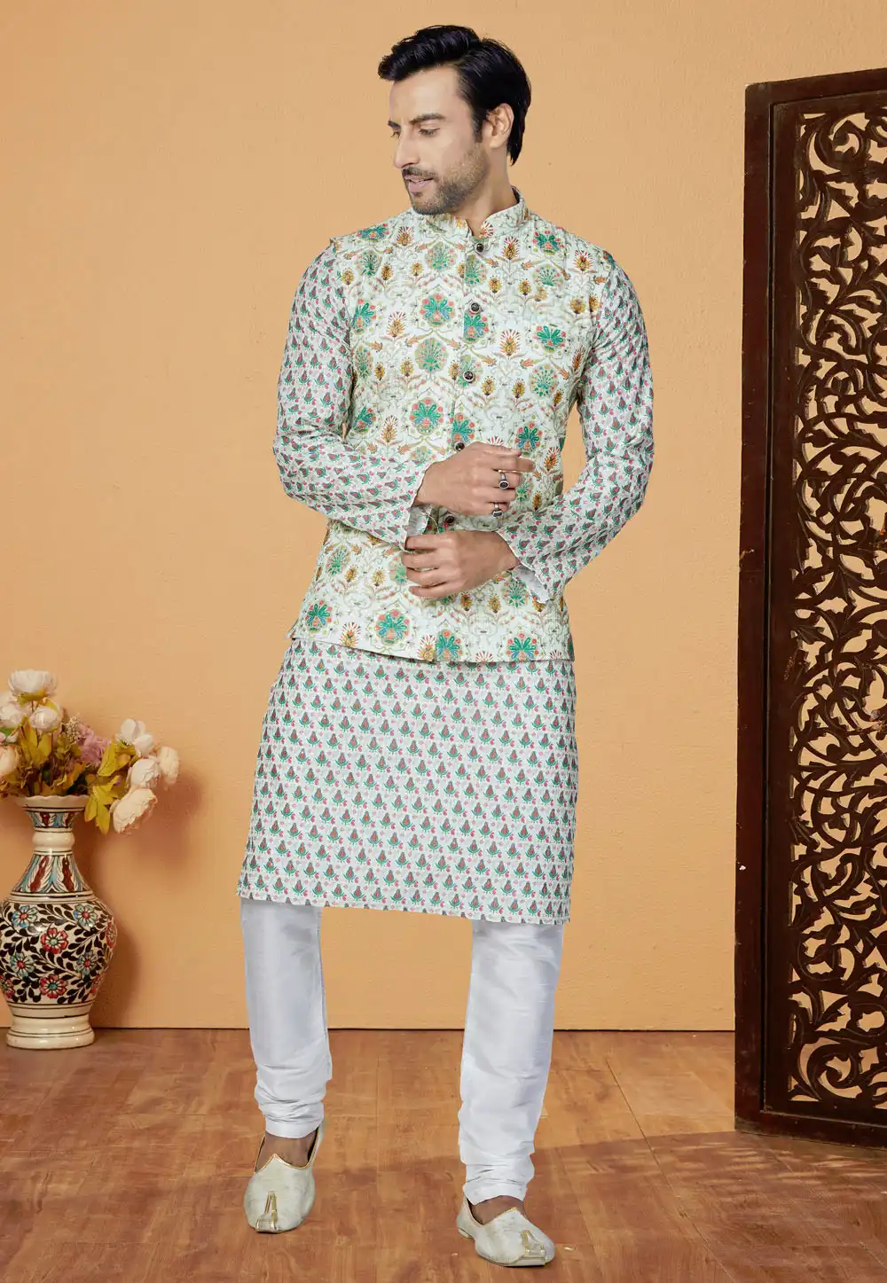 Green Polyester Kurta Pajama With Jacket 269044