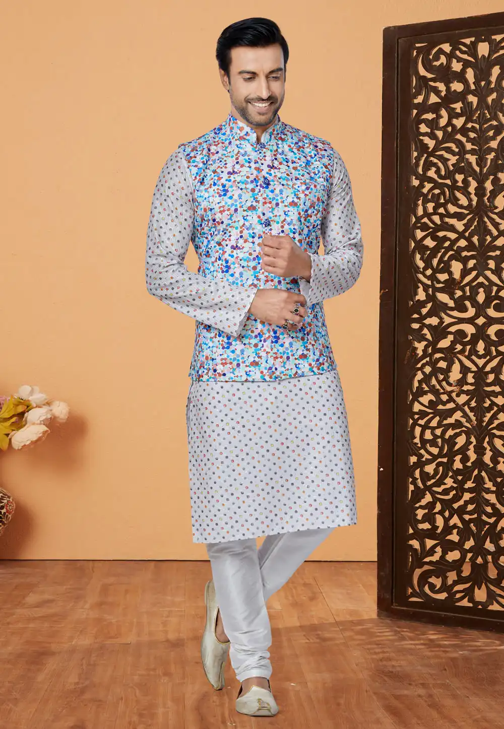 Off White Polyester Kurta Pajama With Jacket 269045