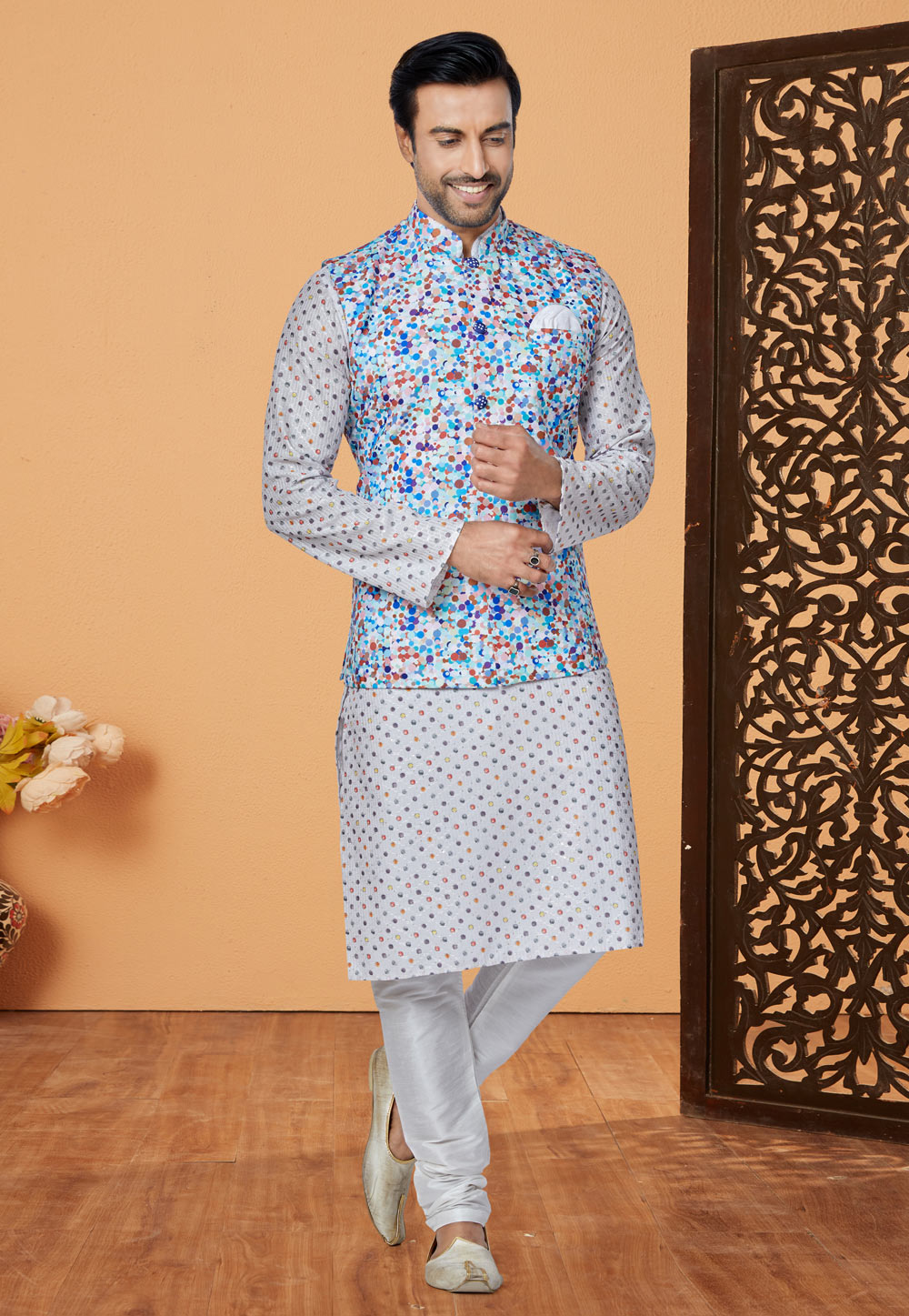 Off White Polyester Kurta Pajama With Jacket 269045