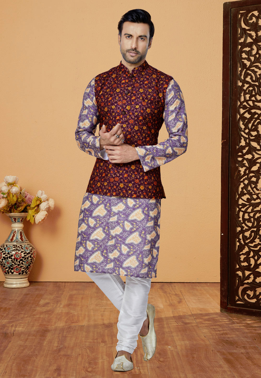 Purple Polyester Kurta Pajama With Jacket 269046