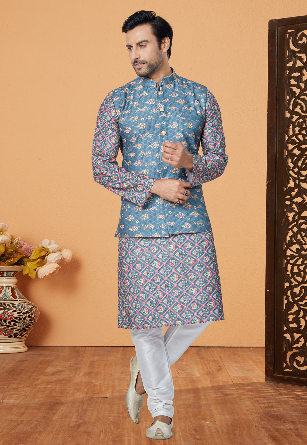 Blue Polyester Kurta Pajama With Jacket 269047