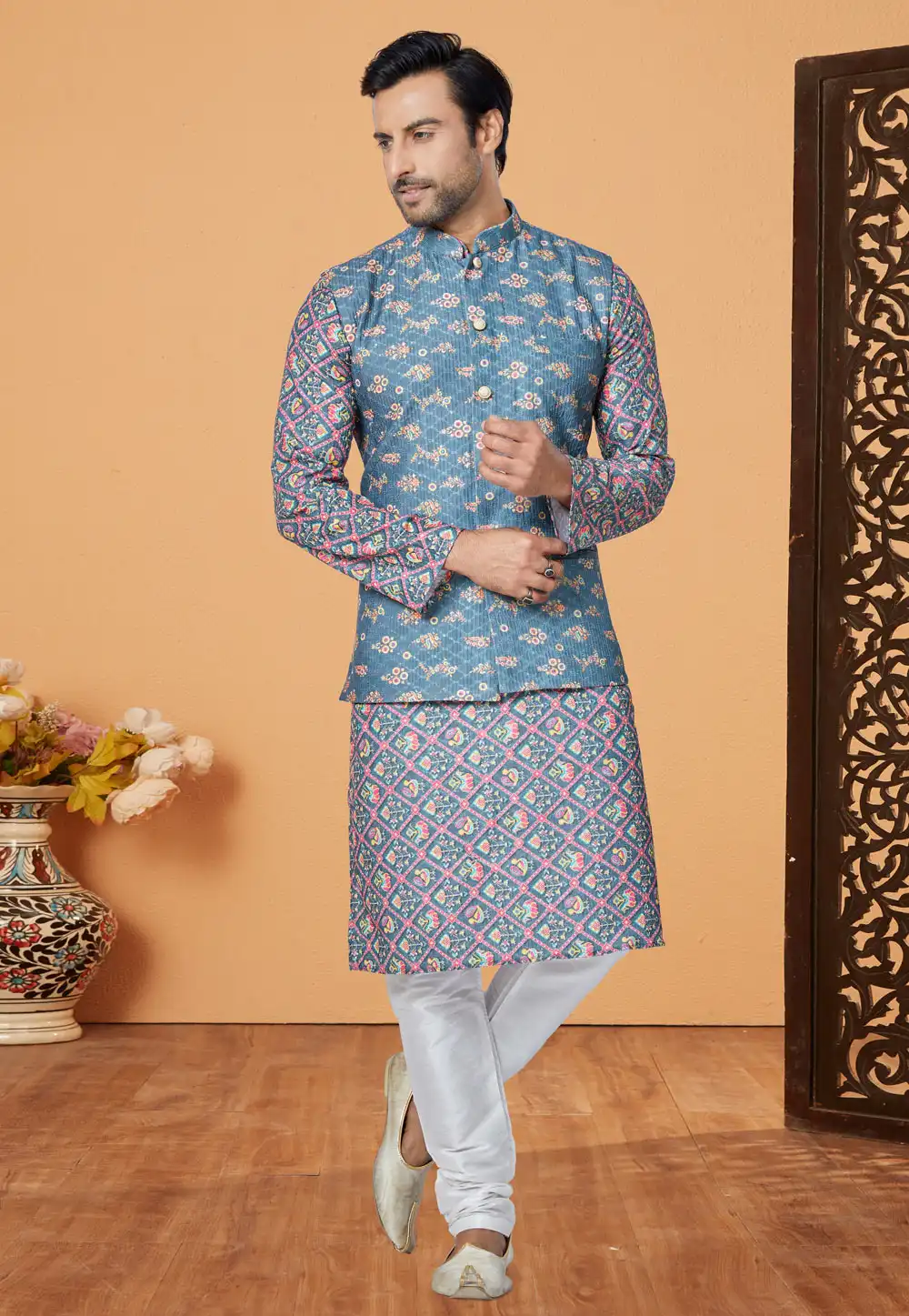 Blue Polyester Kurta Pajama With Jacket 269047