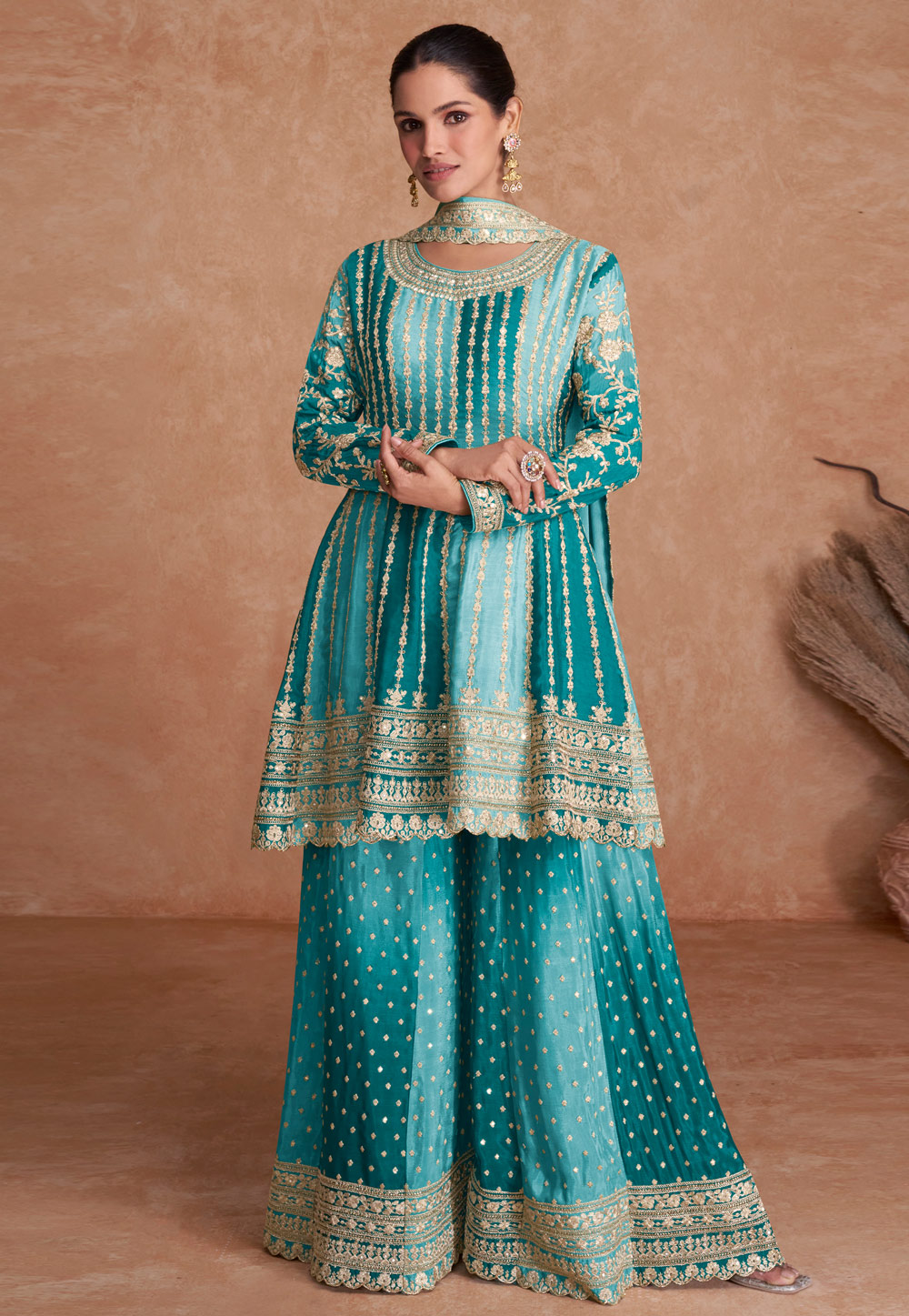 Glossy Teal Blue Color Chinon Silk Palazzo With Dupatta Set main image 1