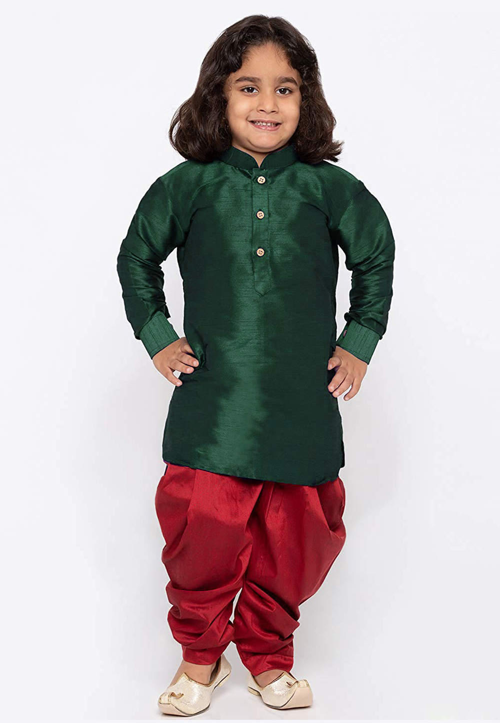 Green Dupion Silk Kids Dhoti Kurta 216219