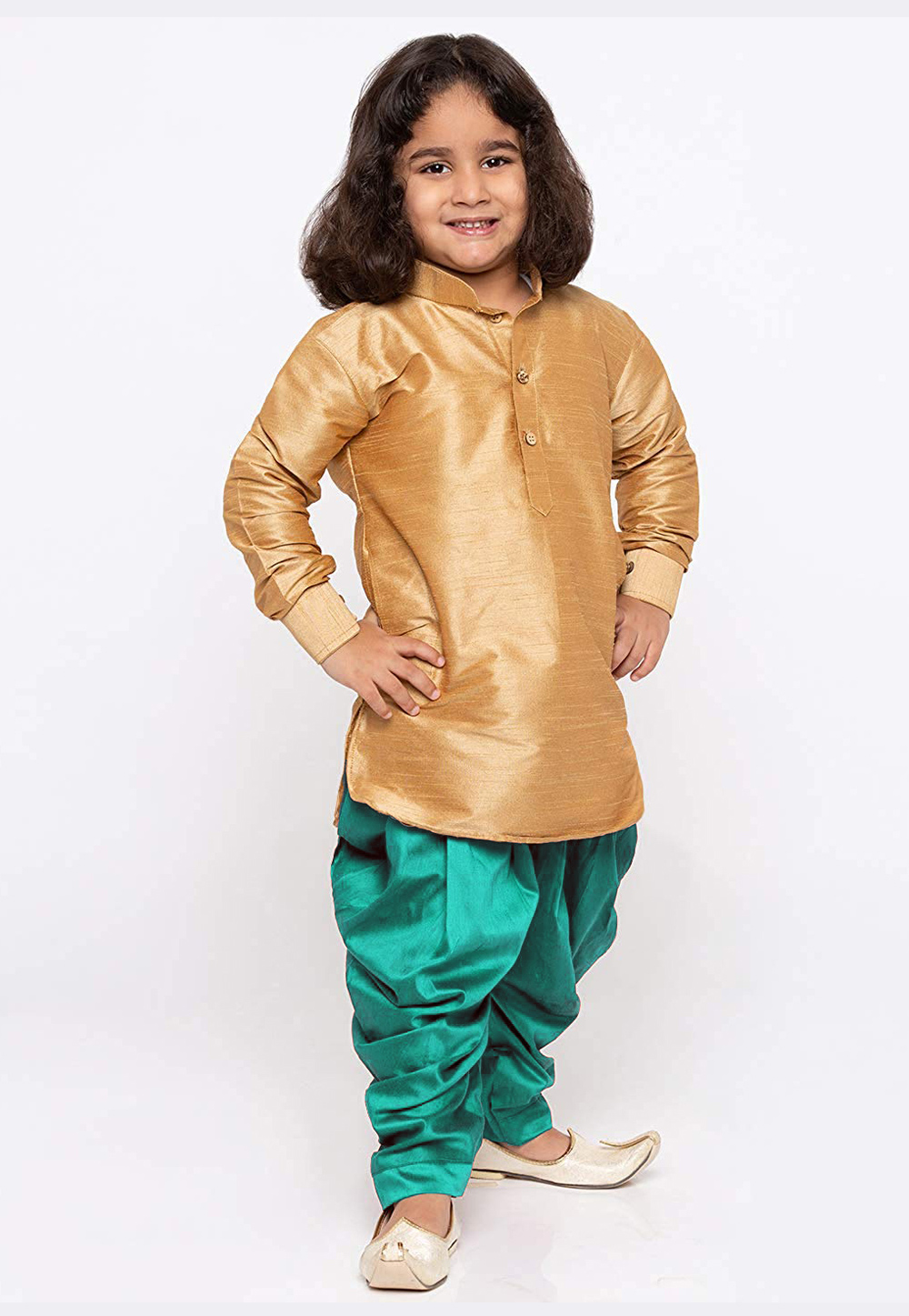 Golden Dupion Silk Kids Dhoti Kurta 216222