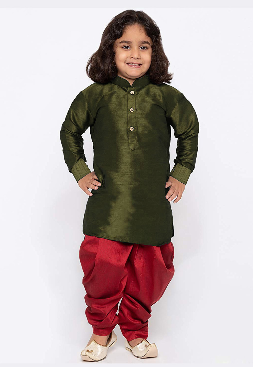 Green Dupion Silk Kids Dhoti Kurta 216223