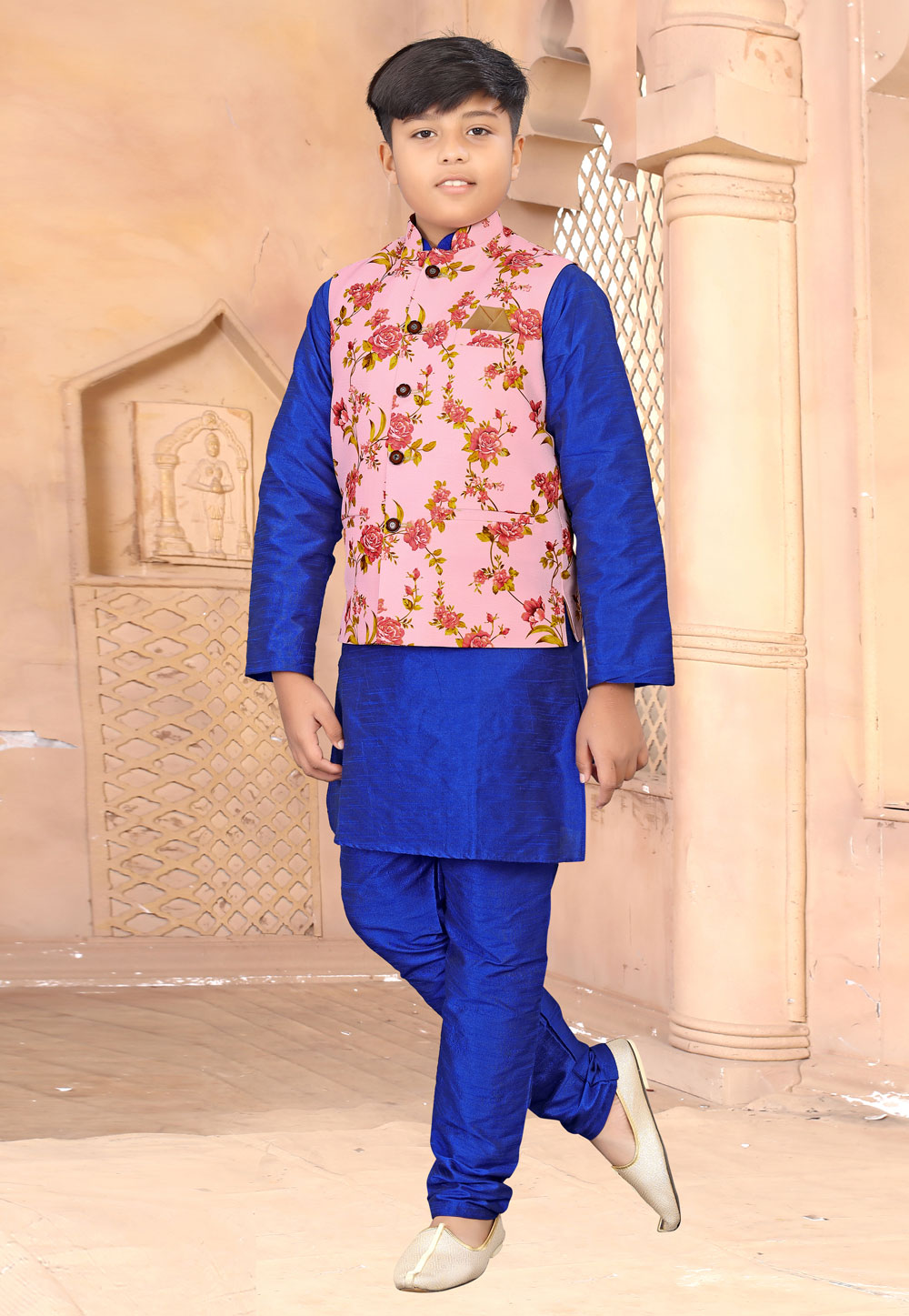 Blue Silk Kids Kurta Pajama With Jacket 258955