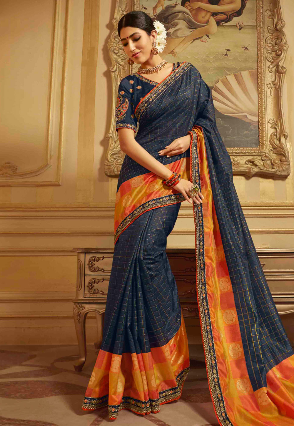 Navy Blue Silk Festival Wear Saree 190123