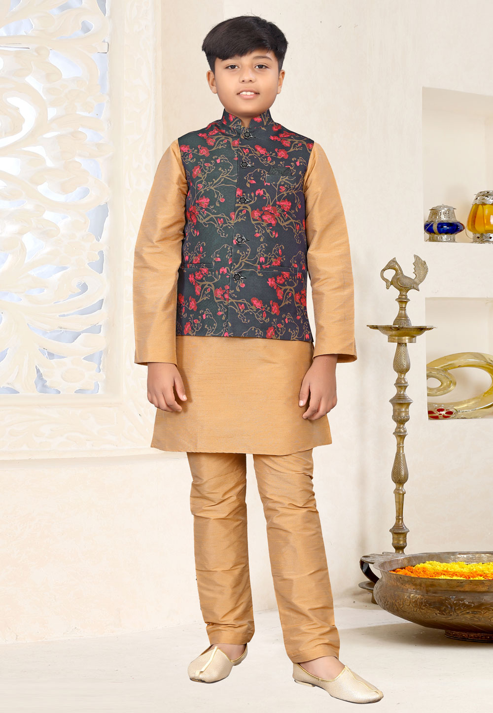 Beige Silk Kids Kurta Pajama With Jacket 258956