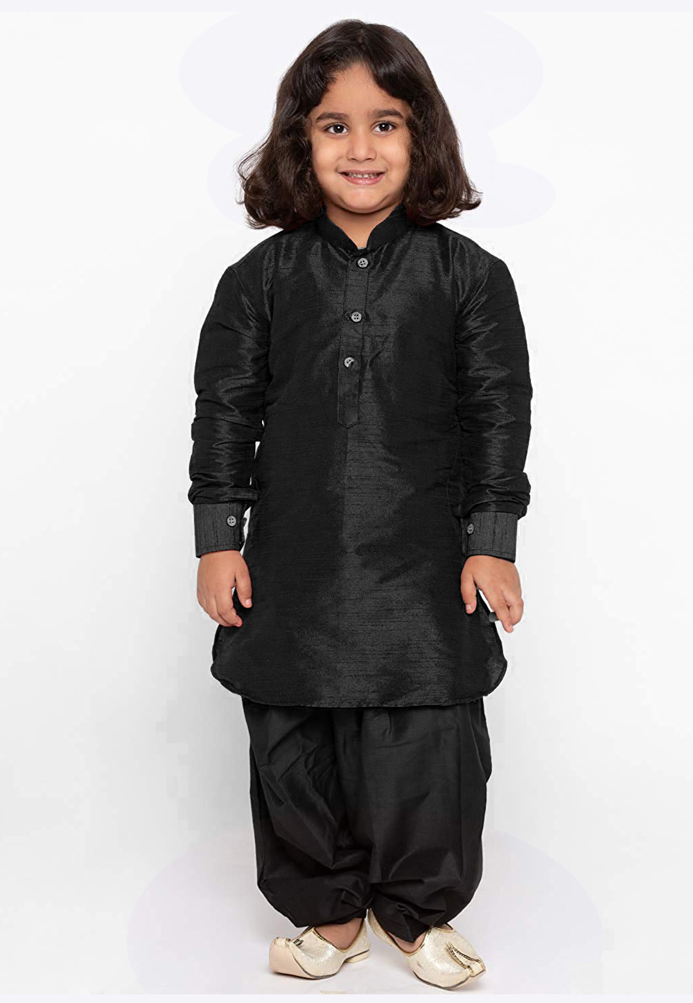 Black Dupion Silk Kids Dhoti Kurta 216226