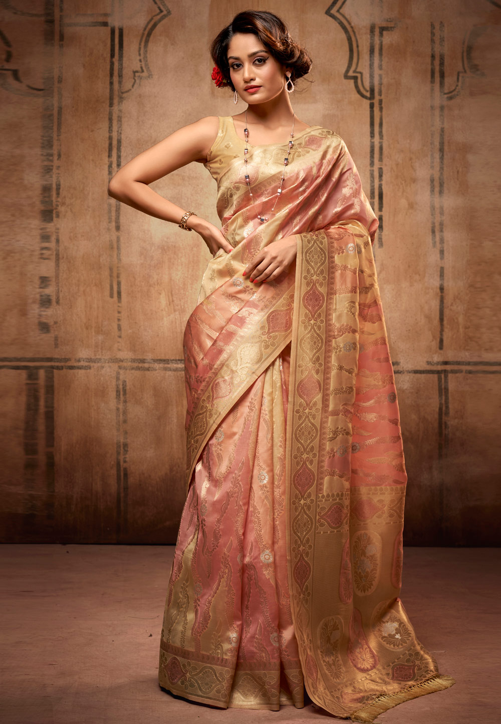 Peach Organza Saree With Blouse 272046