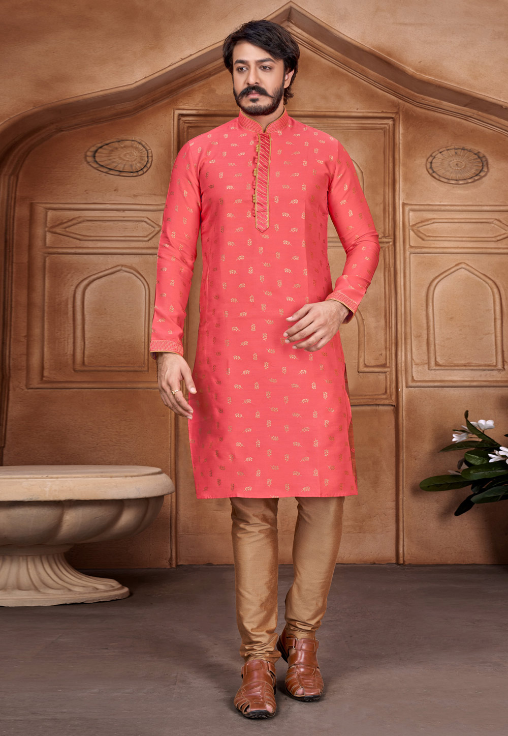 Red Kurta Pajama Jacquard Silk main image 1
