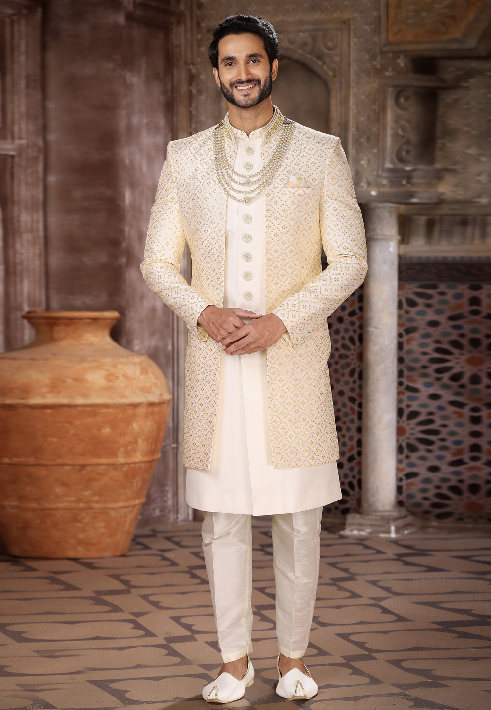 Off White Art Silk Jacket Style Sherwani 264725