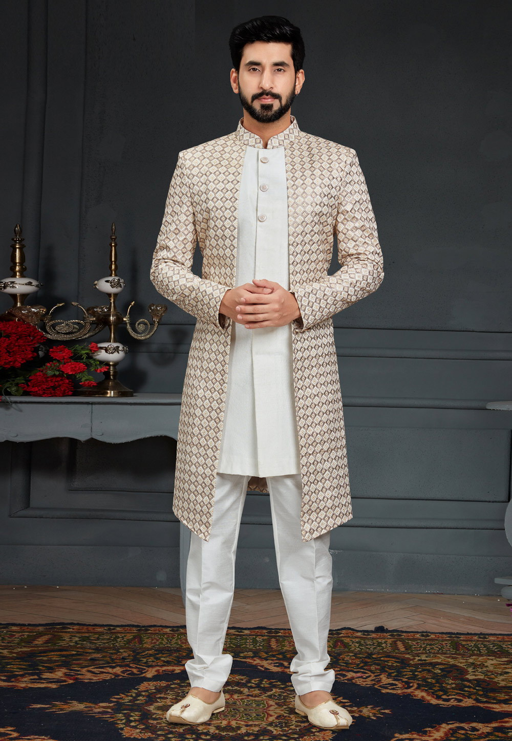 Off White Silk Indo Western Suit 246419