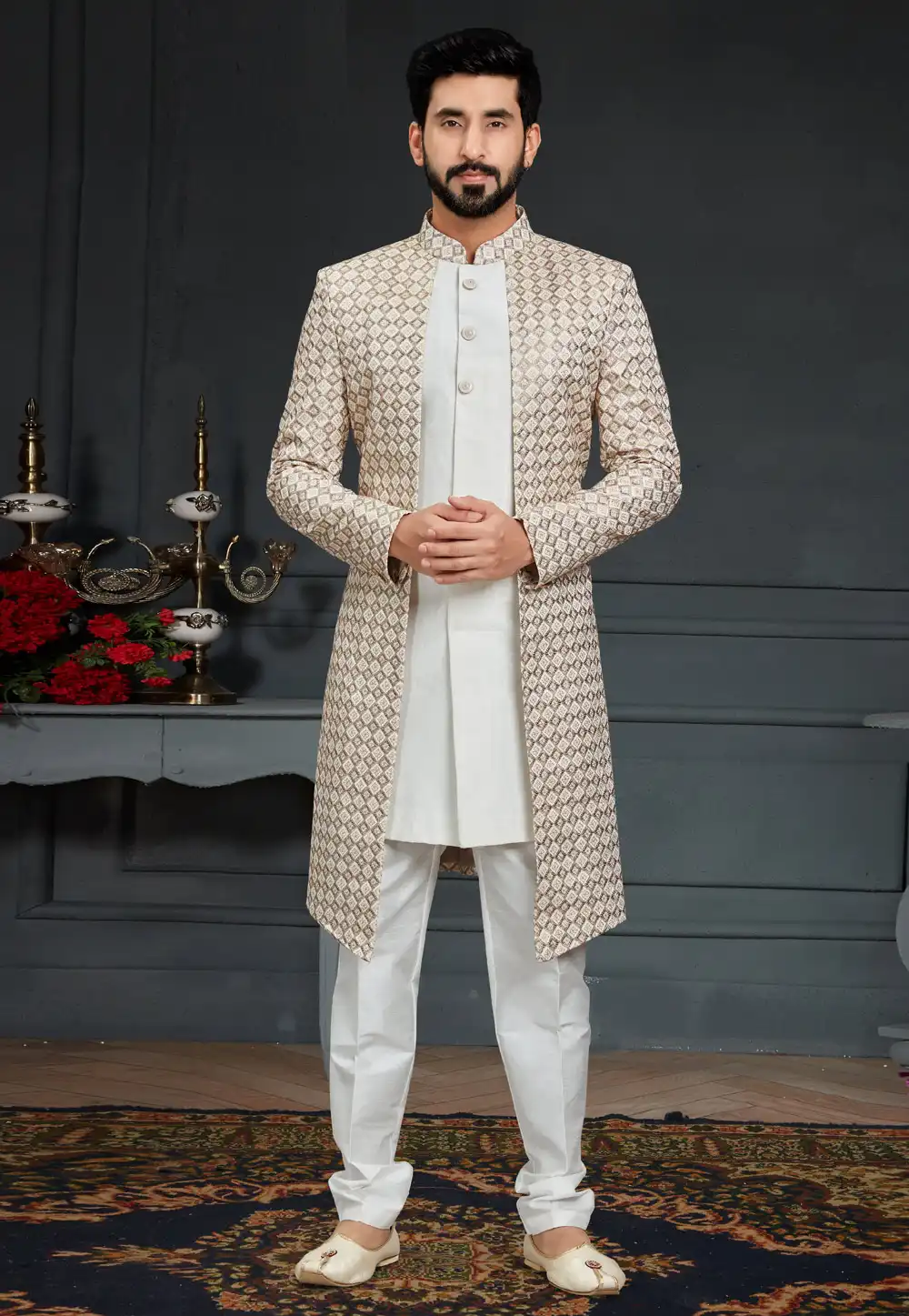 Off White Silk Indo Western Suit 246419