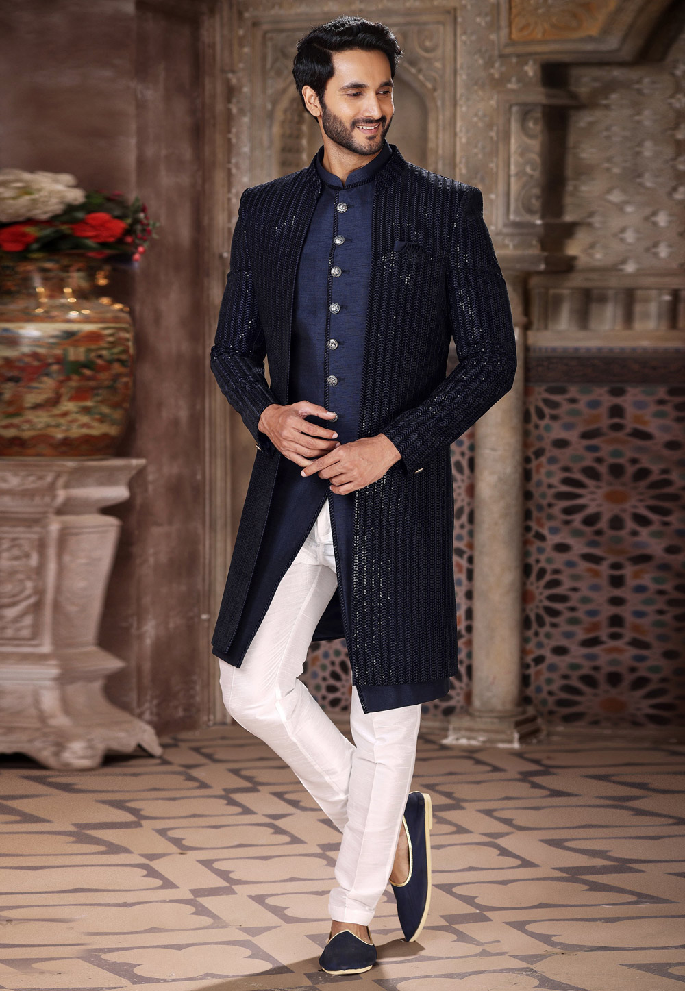 Navy Blue Velvet Jacket Style Sherwani 264732