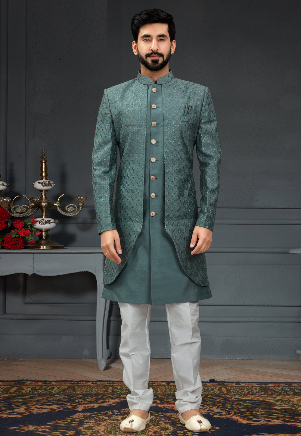 Teal Silk Indo Western Suit 246426