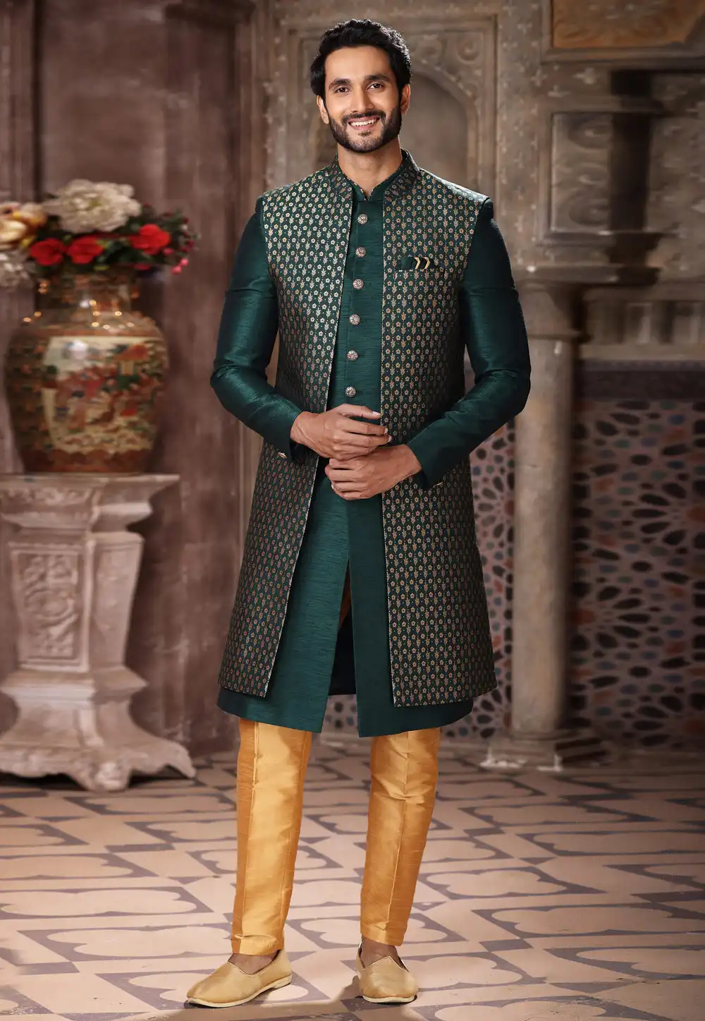 Green Banarasi Jacquard Jacket Style Sherwani 264735