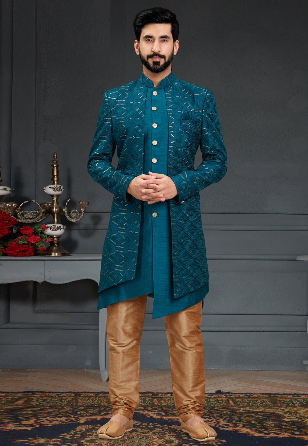 Teal Silk Indo Western Suit 246428