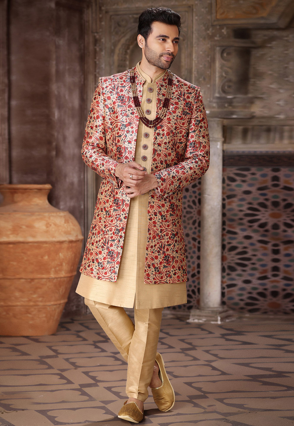 Beige Art Silk Jacket Style Sherwani 264737