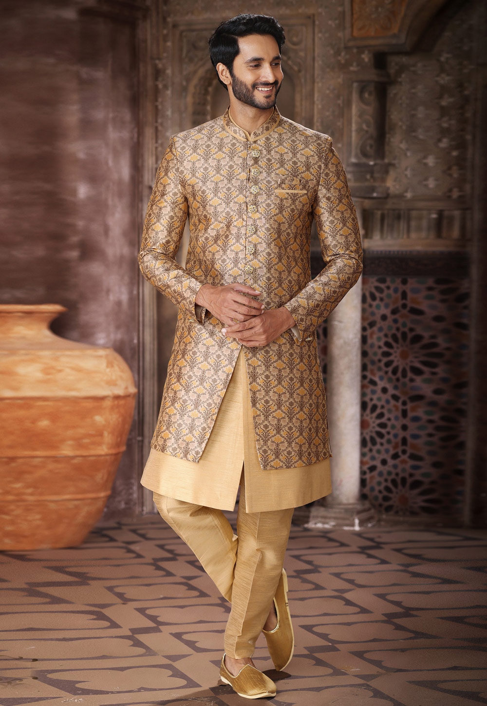 Beige Art Silk Jacket Style Sherwani 264738