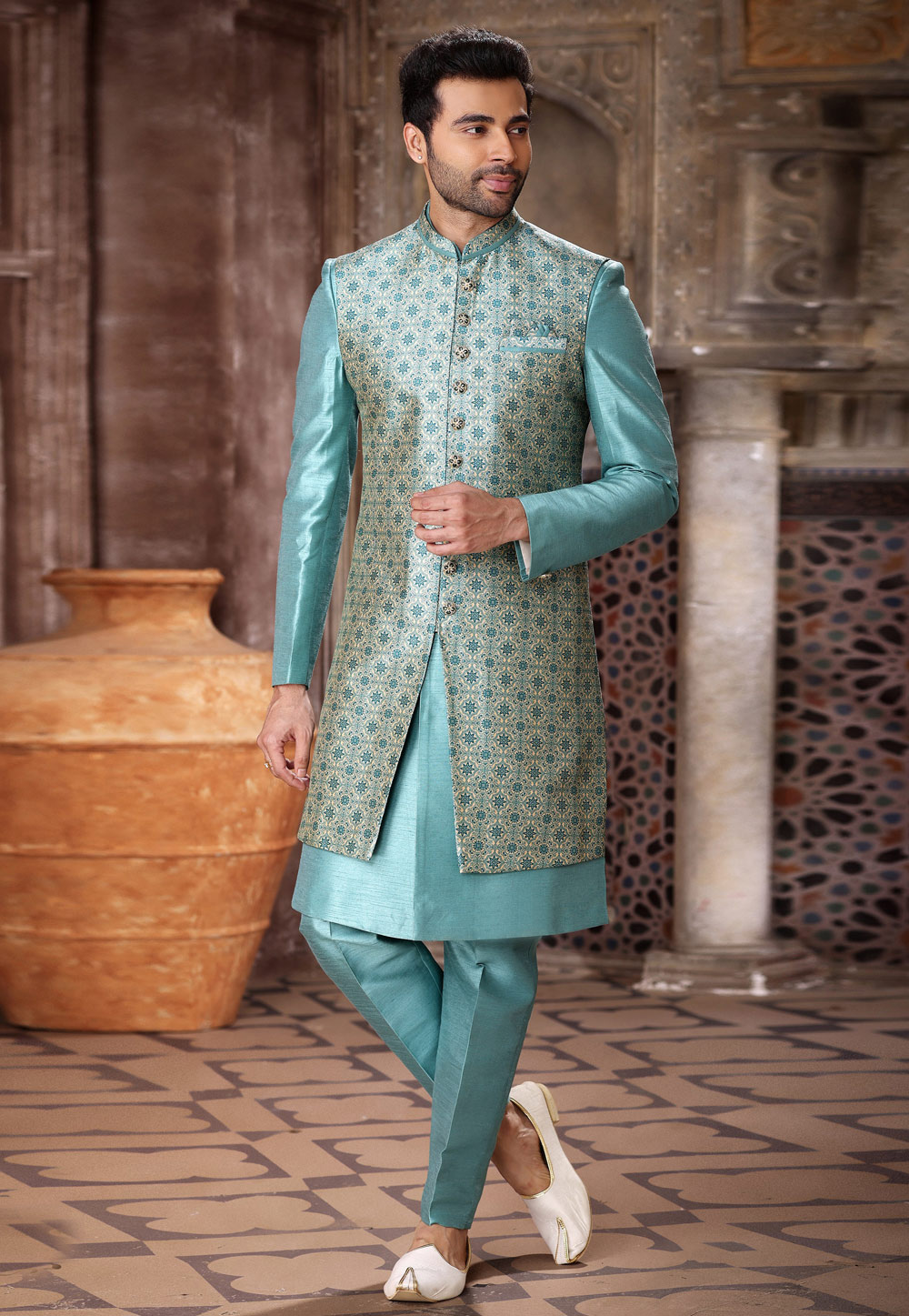 Sky Blue Art Silk Jacket Style Sherwani 264739