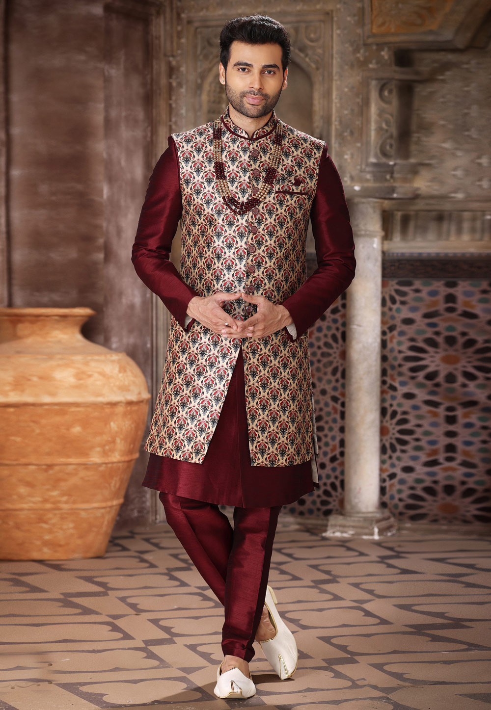 Maroon Art Silk Jacket Style Sherwani 264740