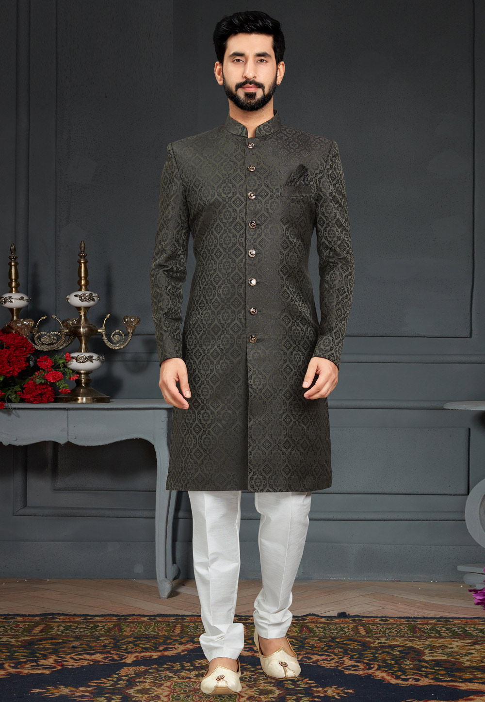 Brown Jacquard Indo Western Suit 246433