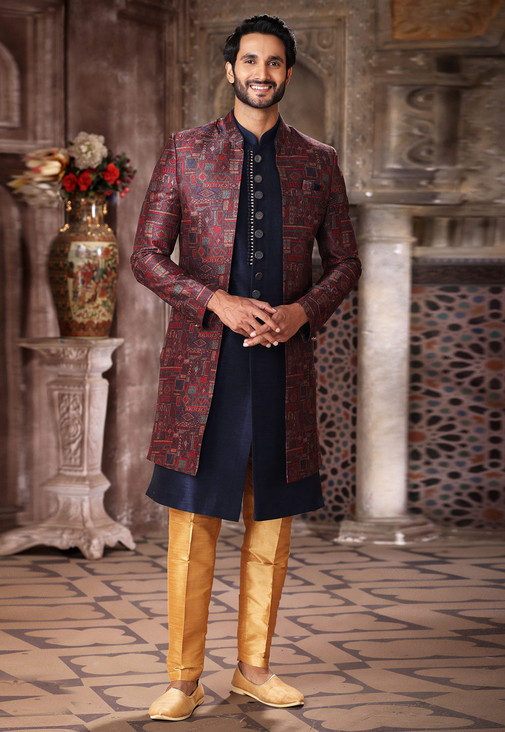 Navy Blue Art Silk Jacket Style Sherwani 264741