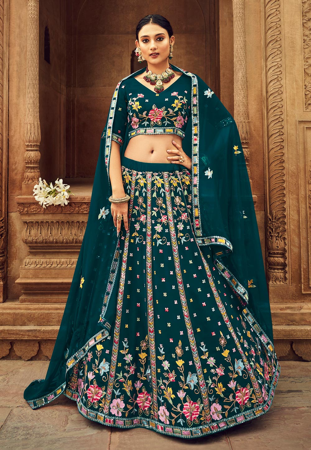 Teal Georgette Circular Lehenga Choli 250379